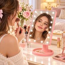 LED Makeup Mirror With Touch Light And Adjustable Angle – Vanity Mirror With Organizer Base - Pink - View 2