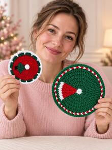 4pcs/2pcs Christmas Crochet Coaster And Placemat Set, Round Christmas Tree Cup Mat And Santa Hat Table Mat, Red Green Holiday Table Decor For Home Kitchen Dining Room, Thanksgiving Gathering, Autumn Decor, Coffee Table, Christmas Gift. Room Decor - Multicolor - View 4