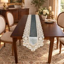 100% Polyester Vintage Luxury Rectangular Table Runner, Soft Base Fabric With Sheer Mesh, Full Floral And Leaf Embroidery, All-Around Hollow Lace Edge, Double Layer Tablecloth, Suitable For Bridal Breakfast Table, Country Cottage Kitchen Decor - Green - View 6