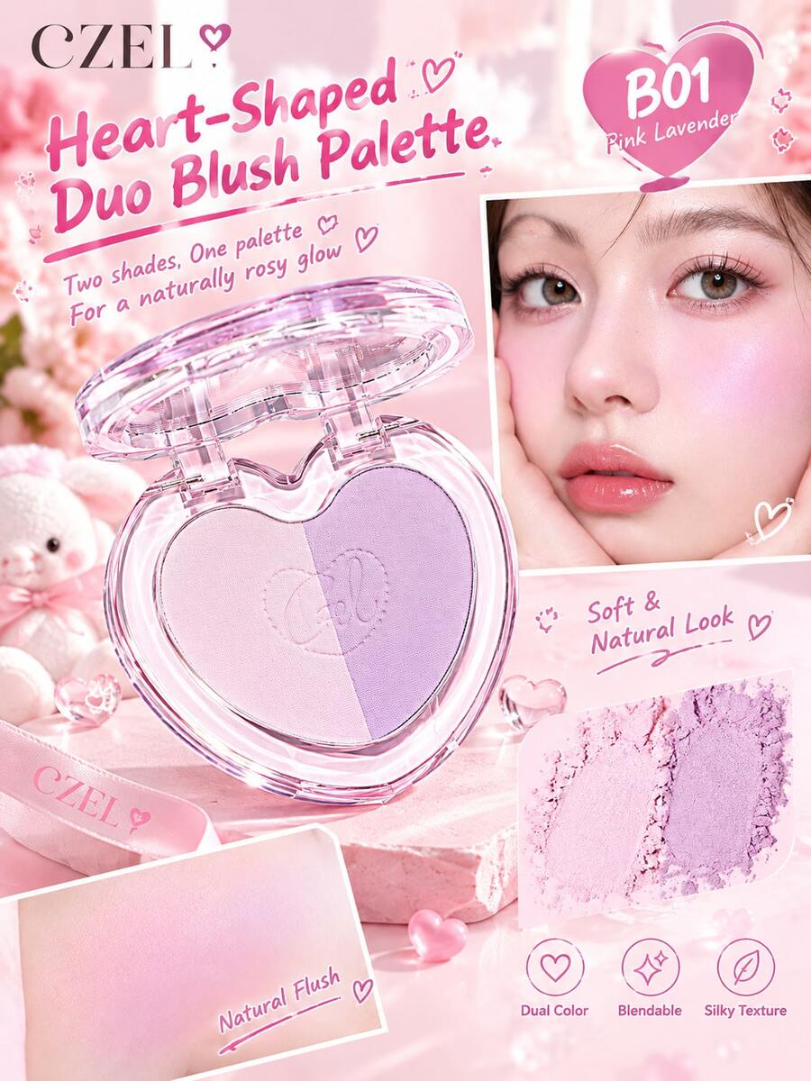CZEL Heart-Shaped Dual-Color Blush Palette, Matte Texture Layerable & Long-Lasting Pigment, Built-In Mirror, Cute Heart Makeup Blush, Suitable For Daily Makeup - B01 - View 1