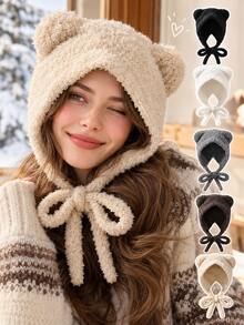 Cute Plush Bear Ear Tie Winter Hat - Solid Color Warm Ear Protection Hat, Suitable For Travel And Daily Wear. Warm And Playful - Comfortable Lining, Keeps You Warm In Cold Weather. Fun Teddy Bear Ear Hat - Comfortable Fleece Winter Knit Hat. - Multicolor - View 7