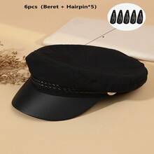 1pc Solid Color Minimalist Newsboy Cap With Leather Strap And Button, Japanese Style Sailor Beret Hat, Women's Outdoor - Black - View 13