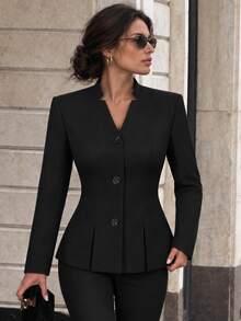 minisummer Women Elegant Fall Black Stand Collar Blazer, Three Button Fitted Waist Long Sleeve Notch Collar Office Work Jacket - Black - View 1