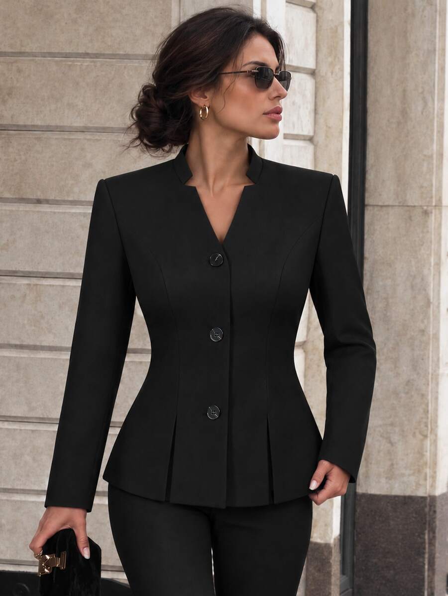 minisummer Women Elegant Fall Black Stand Collar Blazer, Three Button Fitted Waist Long Sleeve Notch Collar Office Work Jacket - Black - View 1
