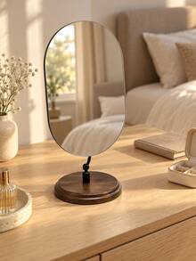 Nordic Minimalist Desktop Makeup Mirror, Frameless Oval Vanity Mirror With Walnut Wood Base, Adjustable Tabletop Makeup Mirror, Suitable For Bedroom, Vanity, Bathroom And Home Decor - Multicolor - View 3