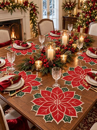 2/4/6pcs-Christmas Poinsettia Linen Placemat 35 X 35 Cm, Red Flower Holly Leaf Holiday Table Mat, Classic Xmas Dining Table Decor For Kitchen Dinner Party Christmas Table Setting And Festive Home Decorations