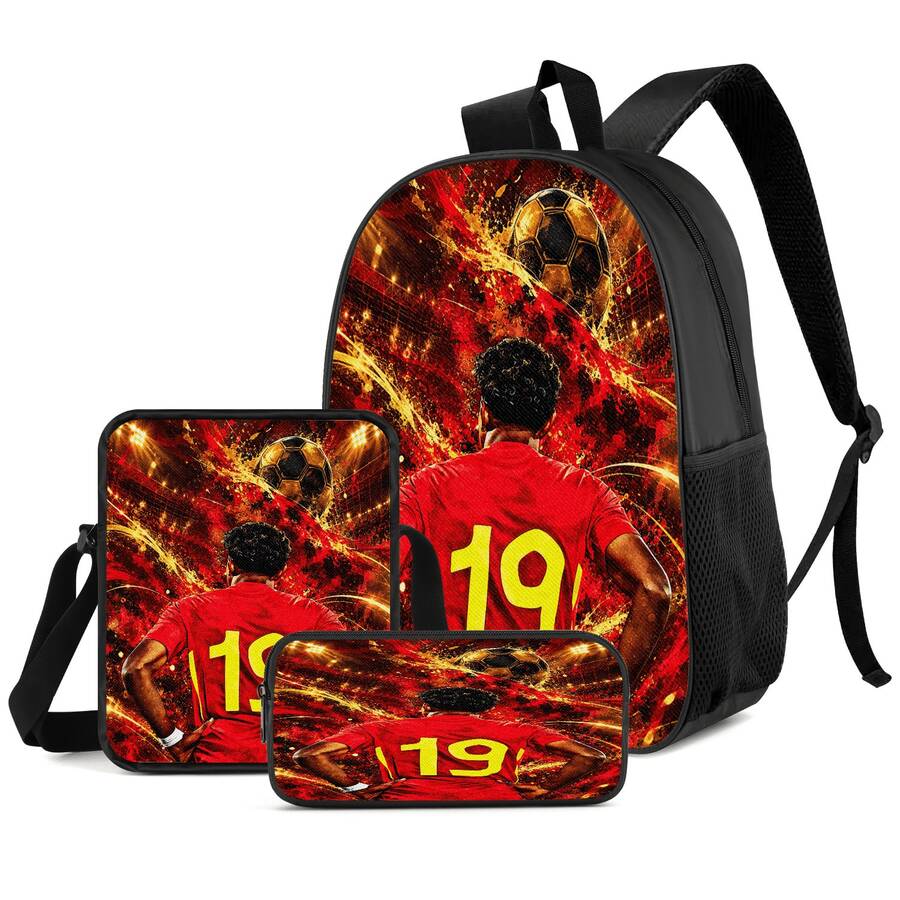 Red & Gold Flame Effect #19 Player Print 3 Pieces Set, Side Elastic Mesh Pocket Water Bottle Holder, Wide & Thick Breathable Adjustable Shoulder Strap, Fan Fashion Sports Commute Storage Set - Printed Bag - View 1
