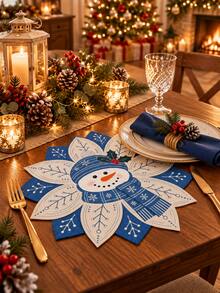 2/4/6pcs-Christmas Snowman Linen Placemat 35 X 35 Cm, Blue Snowflake Holiday Table Mat, Winter Xmas Dining Table Decor For Kitchen Dinner Party, Christmas Home Decorations And Festive Table Setting - Multicolor - View 8