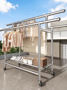 1pc Floor Stainless Steel Drying Rack With Lockable Casters (Compatible With Adult Hangers), Multi-Tier & Multi-Rod Movable Clothes Airer For Hanging Clothes And Drying Quilts On Balcony And Indoors, Suitable For Clothes Storage And Drying At Home - A - View 4