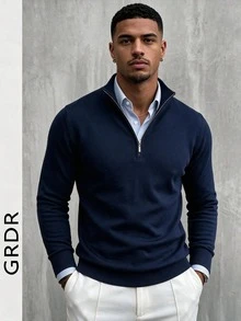 GRDR Men's Casual Long Sleeve Half-Zip Sweater, Versatile Everyday Knitwear - Navy Blue - View 2