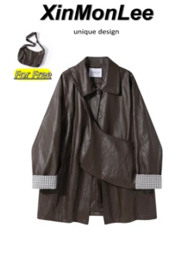 Korean Style Black Sweet Cool Early Autumn Motorcycle Jacket Button-Up Coat College Daily Travel Spring Autumn - Coffee Brown - View 1