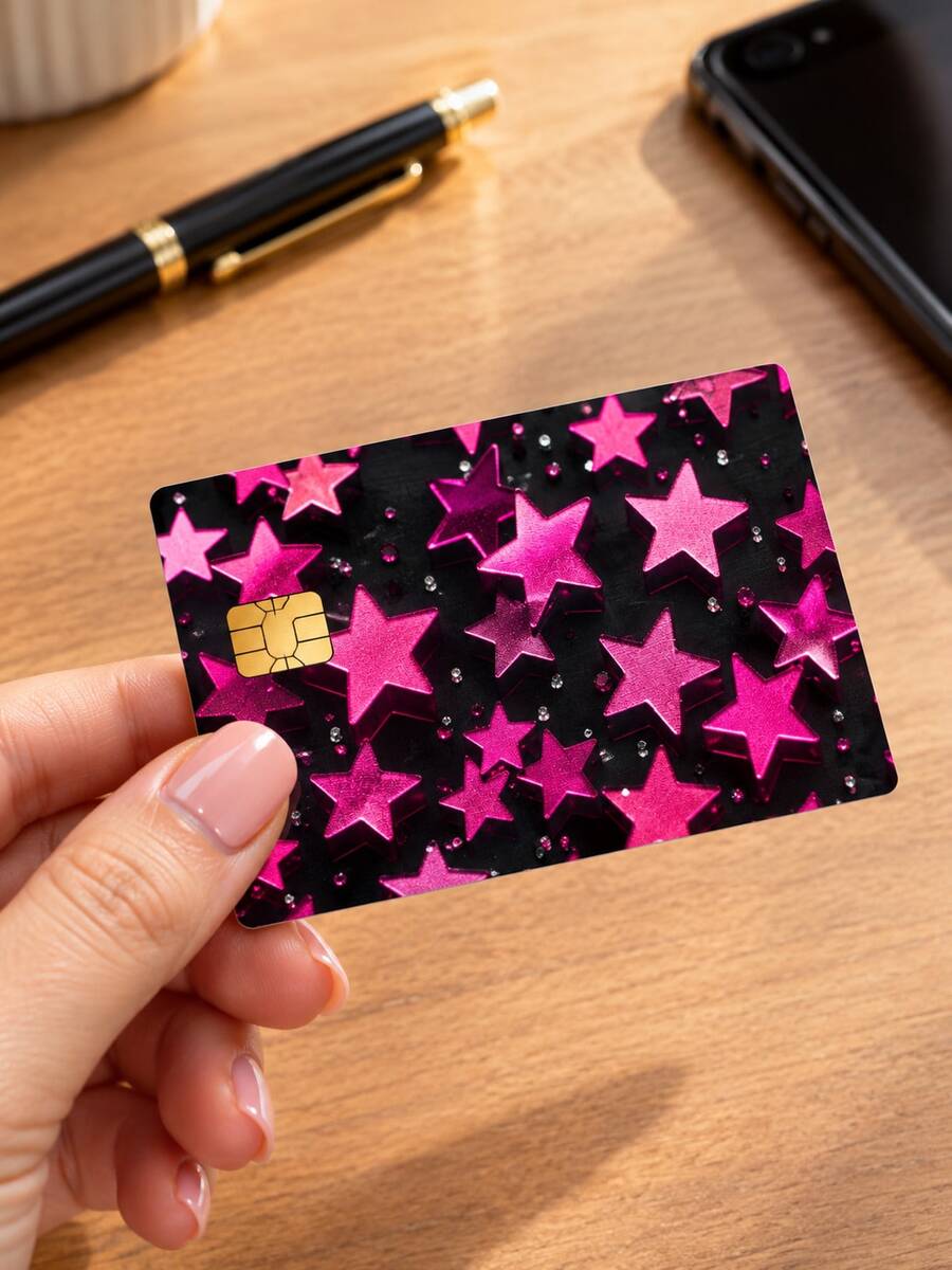 4pcs Black & Pink Metallic Star Rhinestone Credit Card Skins, Scratch-Resistant Waterproof Anti-Fingerprint PVC Stickers, Personalized DIY Card Decals, Suitable For Men & Women, Bank Cards, Credit Cards, Transit Cards, Access Cards, Campus Cards, Privacy Protection - Multiple Styles - View 1