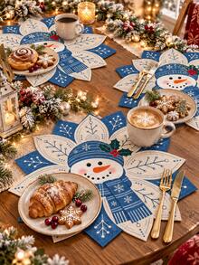2/4/6pcs-Christmas Snowman Linen Placemat 35 X 35 Cm, Blue Snowflake Holiday Table Mat, Winter Xmas Dining Table Decor For Kitchen Dinner Party, Christmas Home Decorations And Festive Table Setting - Multicolor - View 7