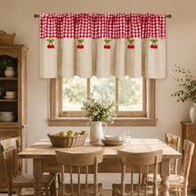 1PC Modern Fashion Plaid Pattern Coffee Curtain Rod Pocket Short Curtain, Cherry Decor Semi-Sheer Short Curtain, Suitable For Living Room, Patio, Kitchen, Dining Room Partition - Red and White Plaid - View 6