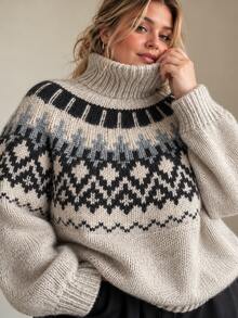 Áo len cổ cao tay dài họa tiết Fair Isle size lớn, thiết kế vai trễ dáng rộng, quần áo mùa thu cho nữ, trang phục mùa thu cho nữ, quần áo mùa thu, trang trí mùa thu, outfit mùa thu - Màu be - Xem 2