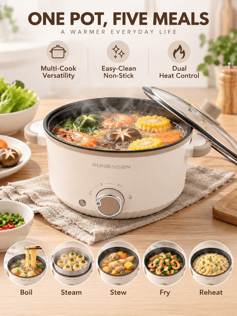 SMEG is gems Multifunctional Electric Cooking Pot, Non-Stick Inner Pan With Dual Temperature Control, Portable Hot Pot For Soup, Steam, Boil And Fry, Household Small Electric Cooker For Dorm Travel - Beige - View 1