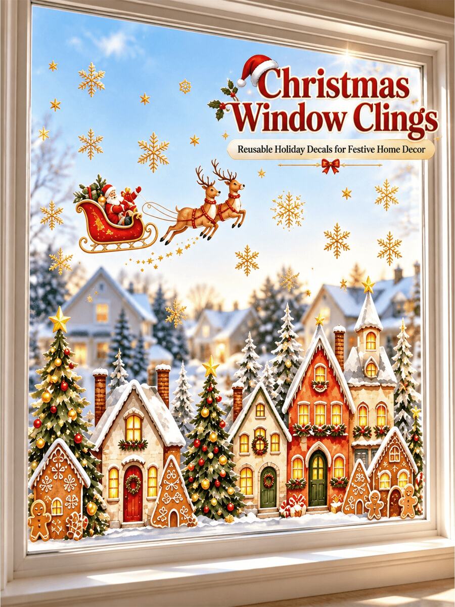 Santa Claus Sleigh Gingerbread House Town Decorative Wall Stickers Window Decals, Gold Snowflake Reindeer Christmas Tree Pattern Static Cling Stickers, PVC Material Removable And Reusable, Bedroom Christmas Wall Stickers Window Decoration Decals, B&B Gift Shop Christmas Window Display Decoration Stickers, Add Holiday Atmosphere Decorative Items, Easy Installation, Essential Christmas Decoration - Multicolor - View 1