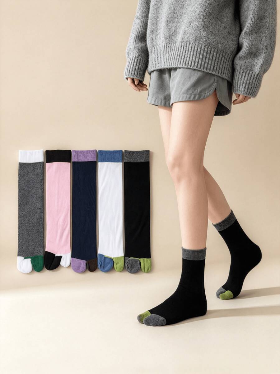 1/5 Pairs Colorblock Patchwork Comfortable Versatile Casual Preppy Style Toe Socks - Multicolor - View 1