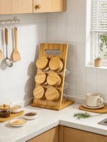 Bamboo Stand Glass Spice Jar Set, Available In 6-Grid And 8-Grid Sizes, Sealed Spice Storage Jars With Bamboo Wood Lids, Tilted Vertical Rack, Suitable For Storing Seasonings And Spices On Kitchen Countertops - Multicolor - View 6