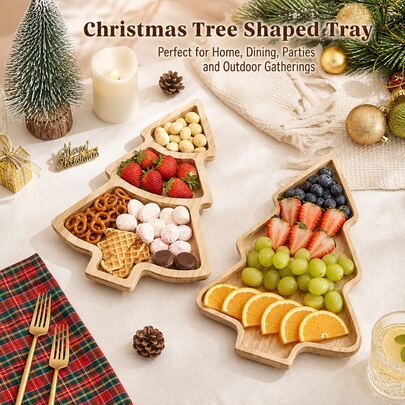1PC Christmas Tree Wooden Tray, 3-Compartment 28*20cm And 1-Compartment 28*20cm Styles Available, Christmas Kitchen Tabletop Decor, Used For Food Serving And Platter Display, Christmas Gift, Christmas