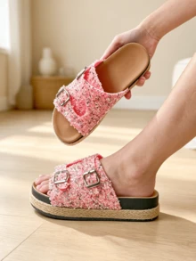 roulvxiang Elegant Thick Platform Wedge Sandals For Women, Bestselling Casual Home & Vacation Style, Diamond Sequin Multi-Color Chunky Sole Sandals - Pink - View 8