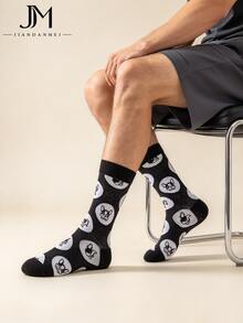 Black Cartoon French Bulldog Print Mid-Calf Socks, Personalized Casual Versatile Comfortable Breathable Couple Socks - Multicolor - View 1