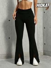 Hidkat Women's Fashion High Waist Ruched Waist Fitted Yoga Sports Knit Split Flare Pants - Black - View 1
