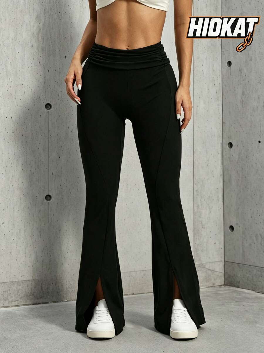 Hidkat Women's Fashion High Waist Ruched Waist Fitted Yoga Sports Knit Split Flare Pants - Black - View 1
