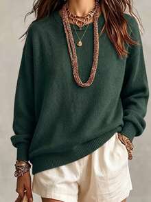 Women's Long-Sleeved Casual Top, Casual Vacation Plain-Collared Top - No Patterns, No Prints, Comfortable And Warm Knitted Imitation Sweater - Green - View 4