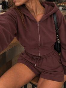 Comfortable Women's Short Full Zip Hoodie, High Elasticity Long Sleeve Knit Top, Suitable For Daily Wear - Red - View 7