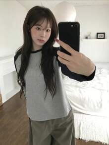 Women's High Elasticity Knit Raglan Sleeve Top, Regular Fit Round Neck Long Sleeve Casual Shirt - Light Grey - View 5