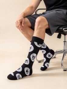 Black Cartoon French Bulldog Print Mid-Calf Socks, Personalized Casual Versatile Comfortable Breathable Couple Socks - Multicolor - View 3