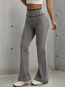 Hidkat Women's Fashion Solid Color High Waist Yoga Casual Sports Knit Flare Pants - Grey - View 4