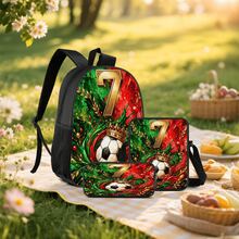 Gold Splatter Water 7# Crown Soccer Print 3 Pieces Set, Side Elastic Mesh Pocket Water Bottle Holder, Widened & Thickened Breathable Adjustable Shoulder Strap, Legend 7# Fan Sports Commute Fashion Storage Set - Printed Bag - View 8