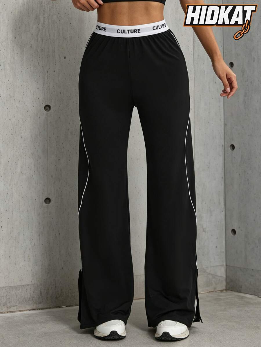Hidkat Women's Fashion Solid Color High Waist Yoga Casual Sports Knit Long Pants - Black - View 1