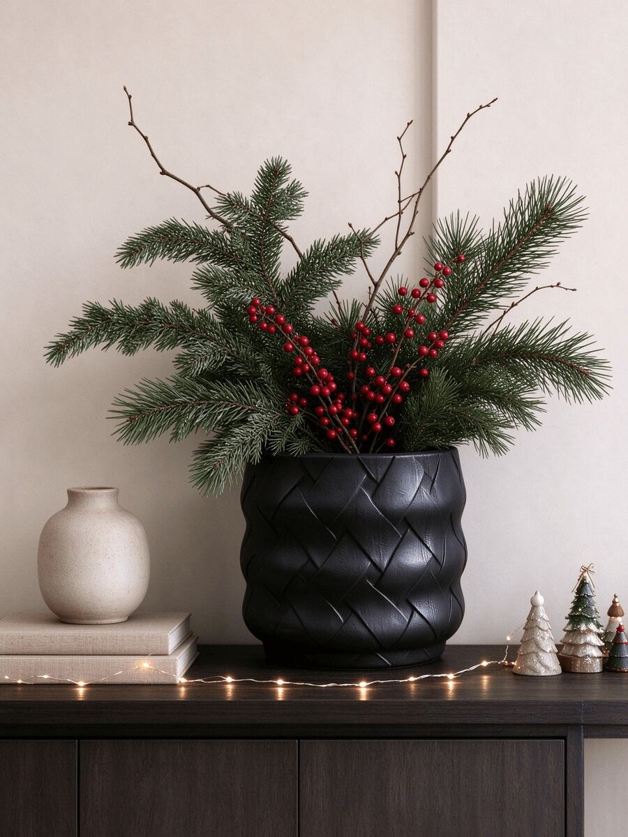 Christmas Modern 3D Printed Vase With Embossed Woven Texture, Curved Relief Planter, Minimalist Home Decor Flower Pot, Suitable For Coffee Table, Entryway, Bedroom - 1PC - View 1