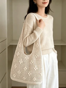 Dedoo Women's Mesh 3D Hollow Crochet Shoulder Bag, Lightweight Large Capacity Open Design, Niche Style, No Lining, Suitable For Vacation, Dating, Shopping And Commuting - Apricot - View 6