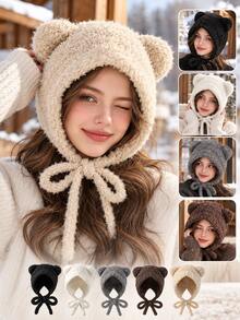 Cute Plush Bear Ear Tie Winter Hat - Solid Color Warm Ear Protection Hat, Suitable For Travel And Daily Wear. Warm And Playful - Comfortable Lining, Keeps You Warm In Cold Weather. Fun Teddy Bear Ear Hat - Comfortable Fleece Winter Knit Hat. - Multicolor - View 4