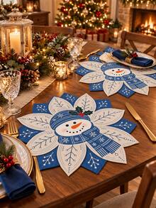 2/4/6pcs-Christmas Snowman Linen Placemat 35 X 35 Cm, Blue Snowflake Holiday Table Mat, Winter Xmas Dining Table Decor For Kitchen Dinner Party, Christmas Home Decorations And Festive Table Setting - Multicolor - View 5
