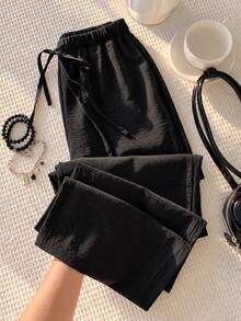 Women's Lightweight Breathable Casual Pants, Black Elastic Waist Drawstring Loose Flowy Wide Leg Trousers, Summer - Black - View 1