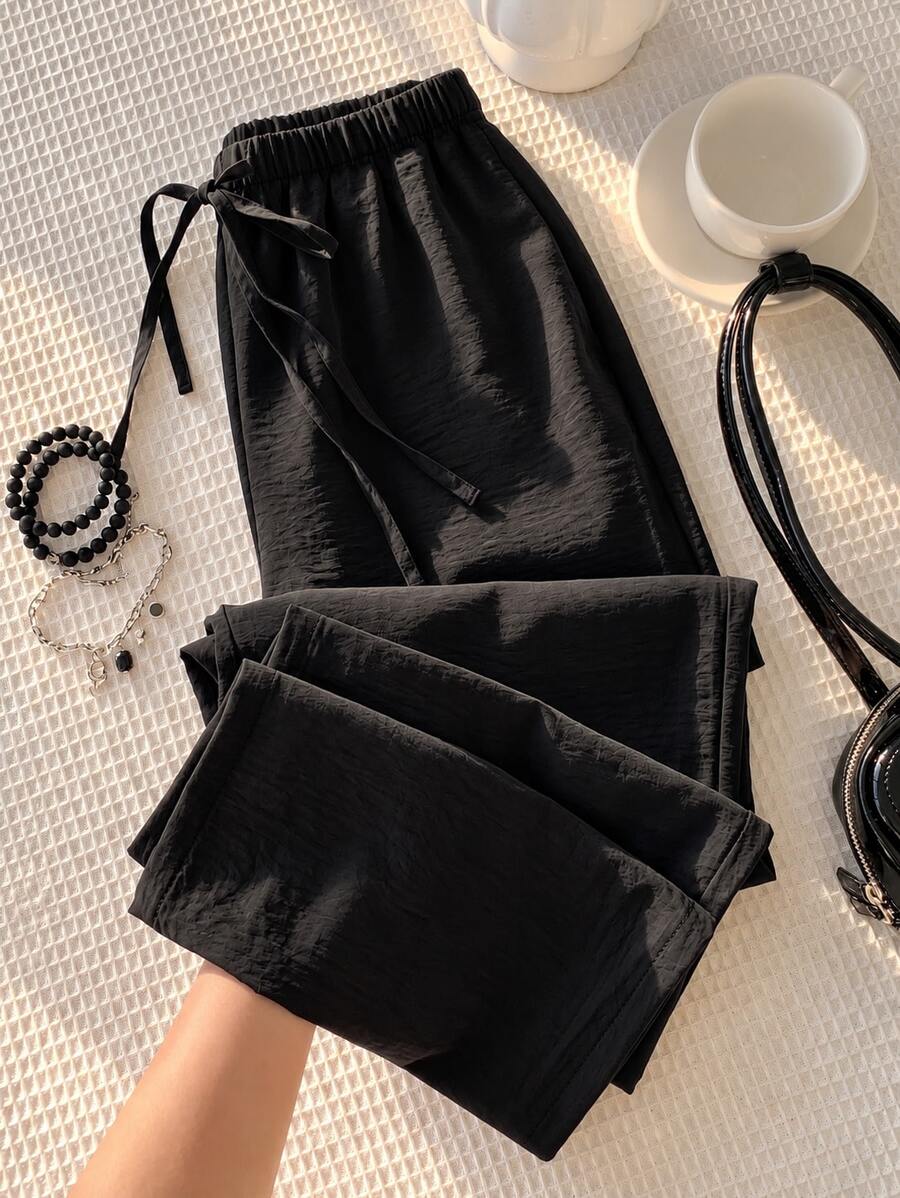 Women's Lightweight Breathable Casual Pants, Black Elastic Waist Drawstring Loose Flowy Wide Leg Trousers, Summer - Black - View 1