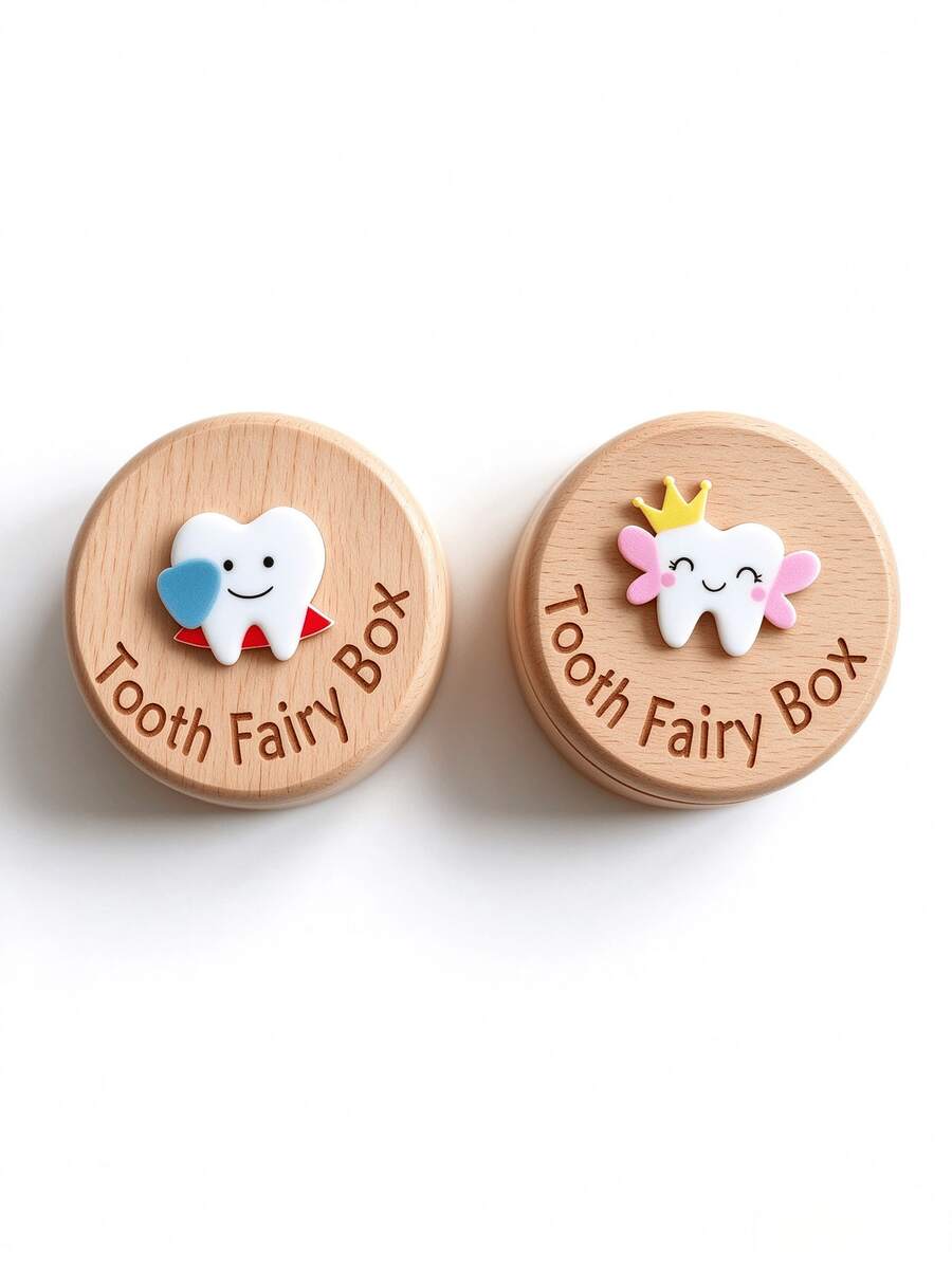 Wooden Baby Milk Teeth Storage Box, Cute Tooth Fairy Design, Children's Tooth Preservation Box, Child Growth Memorial Collection Box, Suitable As Birthday Gift, Christmas Gift - Multicolor - View 1
