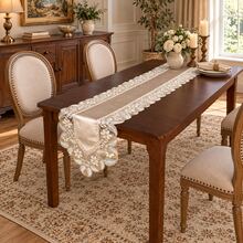 100% Polyester Vintage Luxury Rectangular Table Runner, Soft Base Fabric With Sheer Mesh, Full Floral And Leaf Embroidery, All-Around Hollow Lace Edge, Double Layer Tablecloth, Suitable For Bridal Breakfast Table, Country Cottage Kitchen Decor - Light Brown - View 5