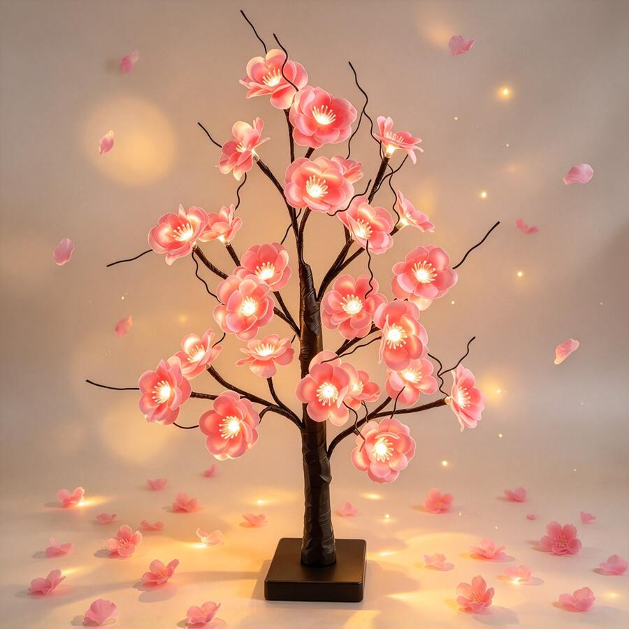 1PC 24 Lights 60CM Pink Plum Blossom Tree Lamp USB Battery Dual Use LED Artificial Plum Blossom Glowing Tree Light Wedding Path Decor Light Hotel Banquet Arrangement Light Romantic Atmosphere Tree Light Desktop Ornament Light Birthday Party Decoration Light