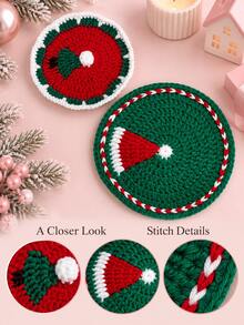 4pcs/2pcs Christmas Crochet Coaster And Placemat Set, Round Christmas Tree Cup Mat And Santa Hat Table Mat, Red Green Holiday Table Decor For Home Kitchen Dining Room, Thanksgiving Gathering, Autumn Decor, Coffee Table, Christmas Gift. Room Decor - Multicolor - View 5