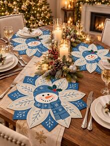 2/4/6pcs-Christmas Snowman Linen Placemat 35 X 35 Cm, Blue Snowflake Holiday Table Mat, Winter Xmas Dining Table Decor For Kitchen Dinner Party, Christmas Home Decorations And Festive Table Setting - Multicolor - View 4