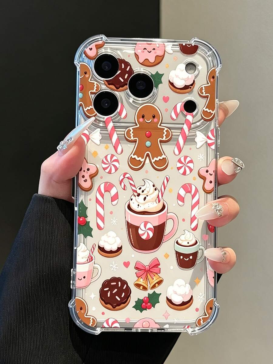 Phone Case - [2D Print] Compatible With IPhone 18/18 Pro/18 Pro Max/ 17/17 Pro/17 Pro Max/16/15/14/13/12 Series, Hot Cocoa Gingerbread Man Candy Christmas Sweet Pattern Transparent Four-Corner Shockproof Phone Case, Lightweight And Protective - Clear - View 1
