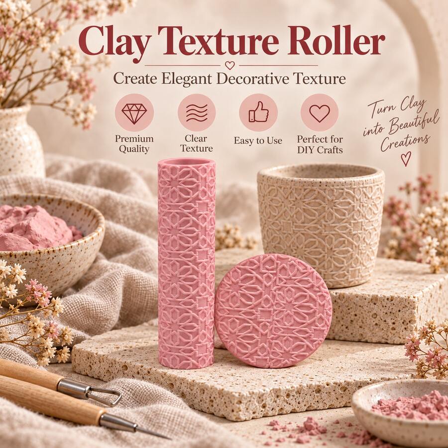 Arabic Style Texture Clay Roller, 3D Printed PLA Pottery Texture Roller, Ceramic Embossing Tool For Polymer Clay, Soft Clay, Air Dry Clay, Pottery, DIY Craft, Sculpting, Handbuilding, Middle Eastern Geometric Pattern Stamp Roller, Ceramic Supplies - Arabic Style Pink - View 1