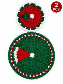 4pcs/2pcs Christmas Crochet Coaster And Placemat Set, Round Christmas Tree Cup Mat And Santa Hat Table Mat, Red Green Holiday Table Decor For Home Kitchen Dining Room, Thanksgiving Gathering, Autumn Decor, Coffee Table, Christmas Gift. Room Decor - Multicolor - View 9