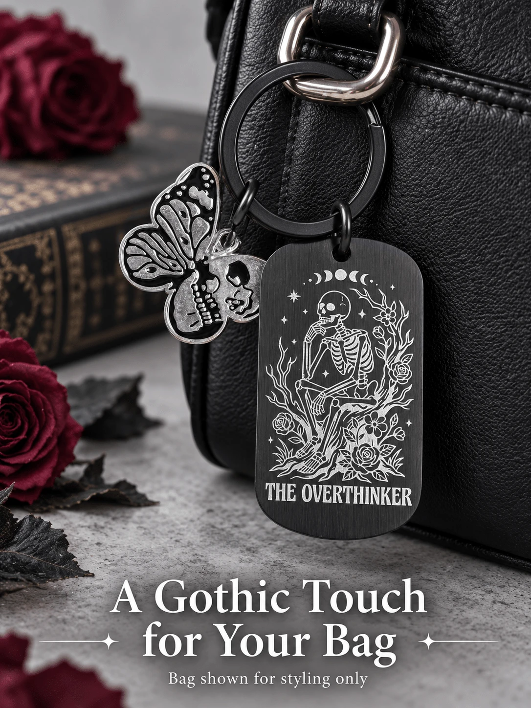 1pc/3pcs Gothic Skeleton Moth Stainless Steel Keychain, Black Metal Bag Charm For Purse, Backpack & Handbag, Halloween Accessory, Christmas Gift